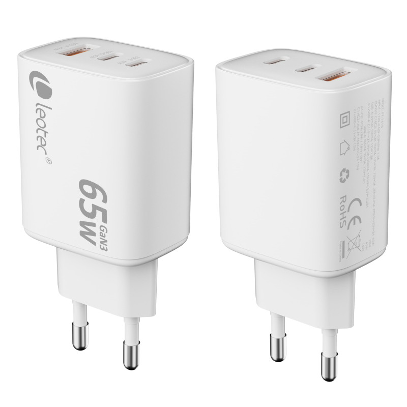Leotec LECSPH65W3W2 CARGADOR UNIVERSAL 65W GAN ULTRA SLIM 2 USB C PD+1 USB A BLANCO, Interior, Corriente alterna, 20 V, Blanco