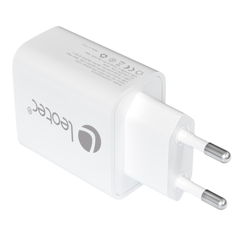 Leotec LECSPH30W2W CARGADOR UNIVERSAL 30W GAN 1 USB C PD+1 USB A BLANCO, Interior, Corriente alterna, 15 V, Blanco