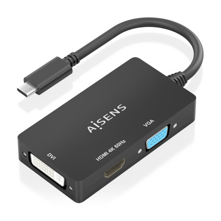AISENS A109-0954 Conversor USB-C A DVI/HDMI/VGA, USB-C/M-DVI/H-HDMI/H-VGA/H, Negro, 15cm, Negro, 0,15 m, 3840 x 2160 Pixeles,