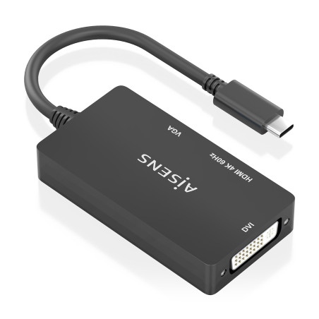 AISENS A109-0954 Conversor USB-C A DVI/HDMI/VGA, USB-C/M-DVI/H-HDMI/H-VGA/H, Negro, 15cm, Negro, 0,15 m, 3840 x 2160 Pixeles,