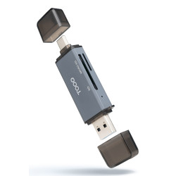 TooQ TQR-3001G Lector de Tarjetas SD + TF, con entradas USB-C 3.0 + USB A, Color Gris, MicroSD (TransFlash), SD, Gris,