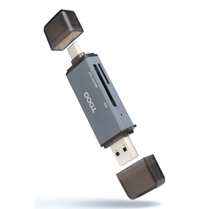 TooQ TQR-3001G Lector de Tarjetas SD + TF, con entradas USB-C 3.0 + USB A, Color Gris, MicroSD (TransFlash), SD, Gris,