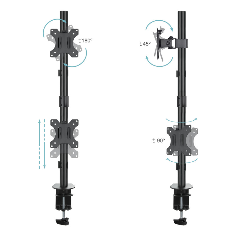 TooQ DB1233TNV-B Soporte de Mesa, Giratorio e Inclinable, Vertical, para 2 Pantallas 13”-32”, Negro,