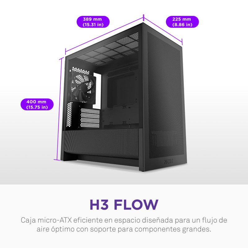 NZXT CC-H31FB-01 H9 H3 Flow, Midi Tower, PC, Negro, micro ATX, Mini-ITX, Malla, SGCC, Vidrio templado, 17 cm