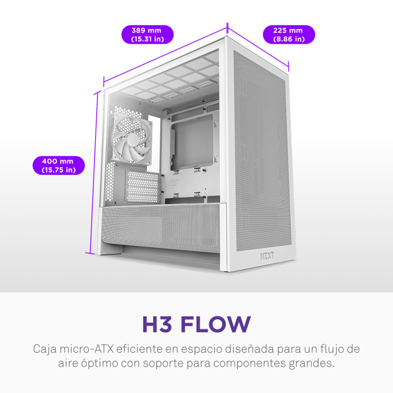 NZXT CC-H31FW-01 H9 H3 Flow, Midi Tower, PC, Blanco, micro ATX, Mini-ITX, Malla, SGCC, Vidrio templado, 17 cm