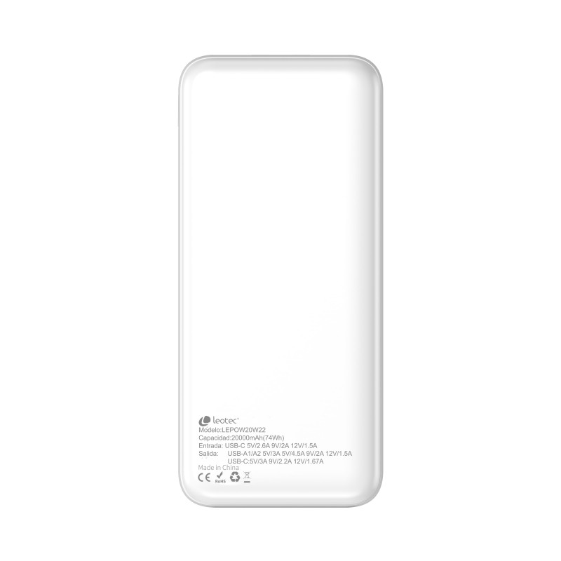 Leotec LEPOW20W22W Powerbank 20.000mAh 22.5W, 20000 mAh, Polímero de litio, Power Delivery 3.0, Quick Charge 3.0, Blanco