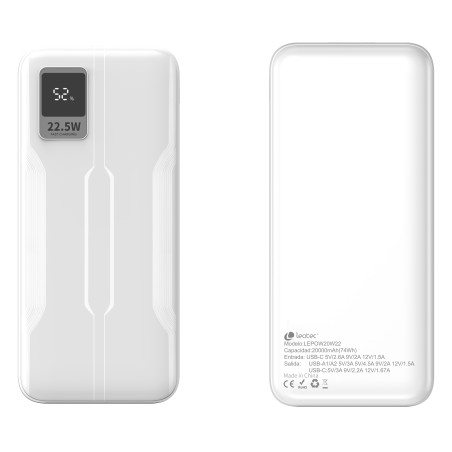 Leotec LEPOW20W22W Powerbank 20.000mAh 22.5W, 20000 mAh, Polímero de litio, Power Delivery 3.0, Quick Charge 3.0, Blanco