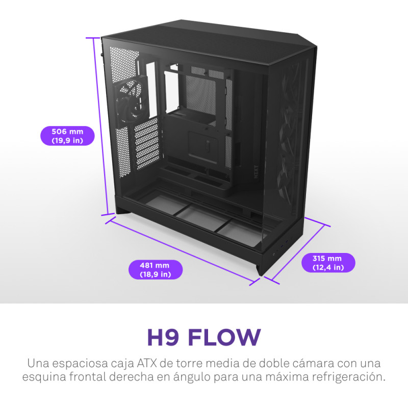 NZXT CM-H92FB-01 H9 Flow, Midi Tower, PC, Negro, ATX, EATX, micro ATX, Mini-ITX, Malla, SGCC, Vidrio templado, 16,5 cm