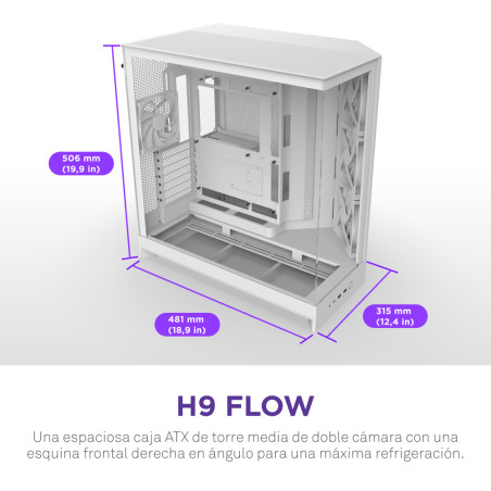 NZXT CM-H92FW-01 H9 Flow, Midi Tower, PC, Blanco, ATX, EATX, micro ATX, Mini-ITX, Malla, SGCC, Vidrio templado, Juego