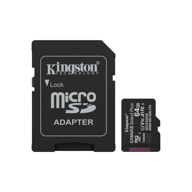 Kingston Technology SDCS3/64GB 64GB microSDXC Canvas Select Plus Gen3 100MB/s A1 (Incluye adaptador de SD), 64 GB, MicroSDXC,
