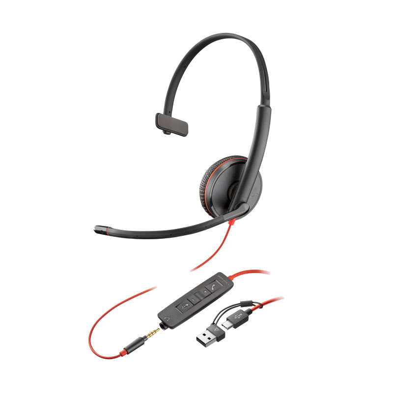 HP Poly 8X227AA Auriculares monoaurales Poly Blackwire 3215 USB-C + Conector de 3,5 mm + Adaptador USB-C/A, Alámbrico,