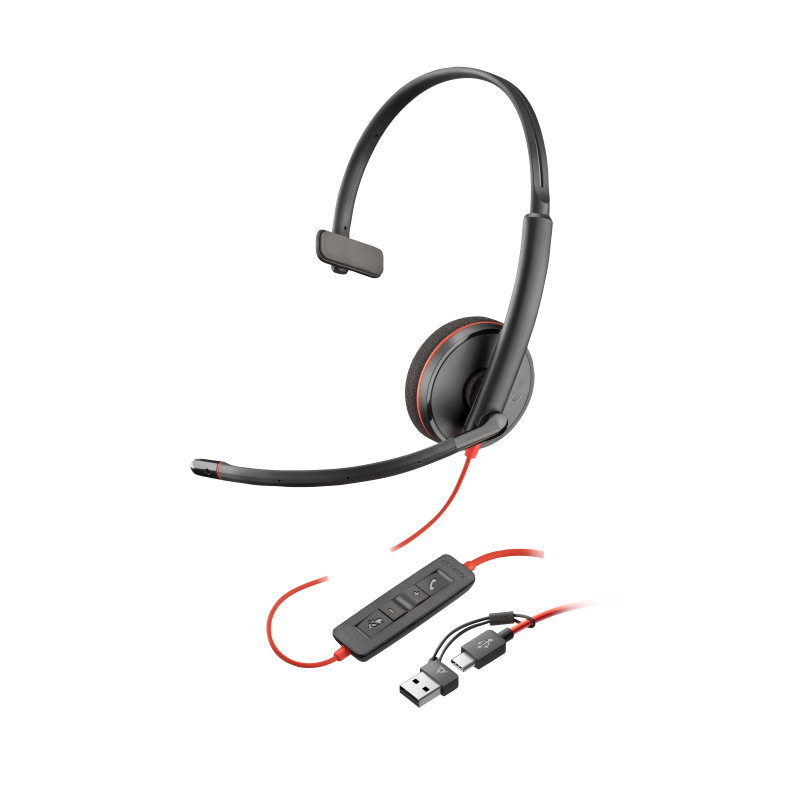 HP Poly 8X227AA Auriculares monoaurales Poly Blackwire 3215 USB-C + Conector de 3,5 mm + Adaptador USB-C/A, Alámbrico,