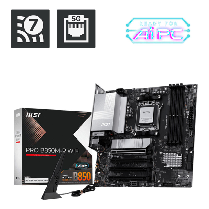 MSI PRO B850M-P WIFI PRO B850M-P WIFI, AMD, Zócalo AM5, AMD Ryzen 7000 Series, AMD Ryzen 8000 Series, AMD Ryzen 9000 Series,