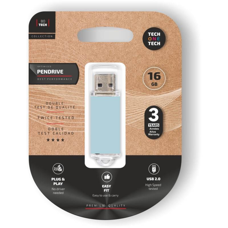 TECH ONE TECH TEC3010-16 TEC3010-16, 16 GB, USB tipo A, 2.0, Tapa, 18 g, Azul