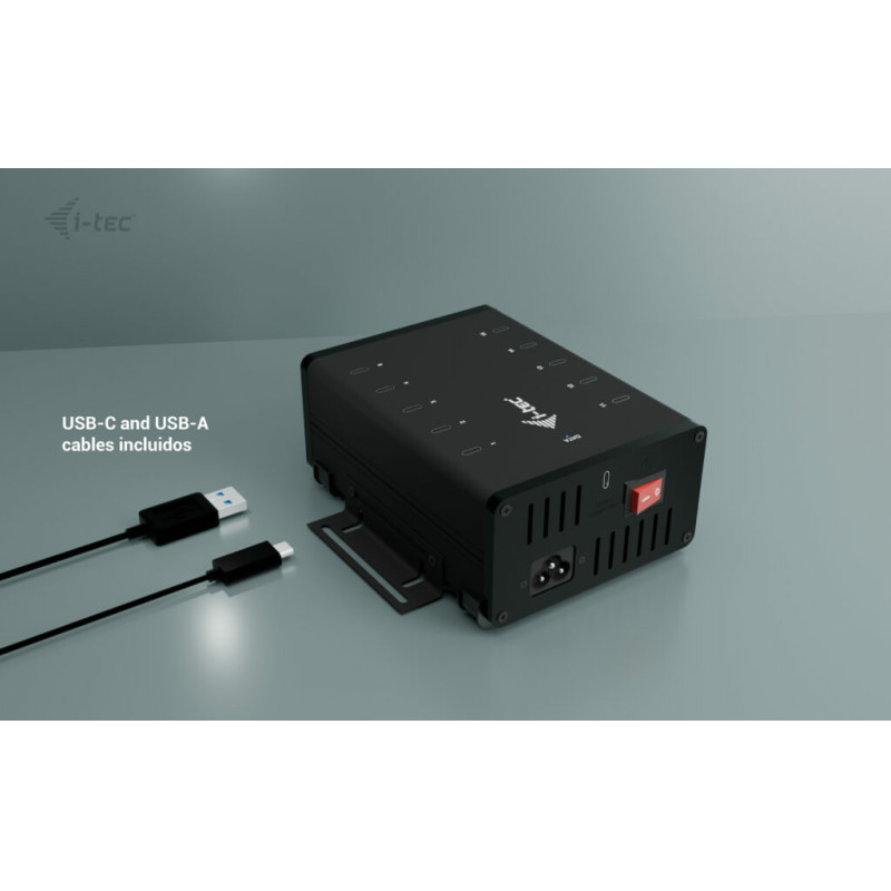 i-tec CACHRGHUB10C USB-C/USB-A Metal Charging + data HUB, 15W per port, 10x USB-C, Interior, Corriente alterna, 12 V, Negro