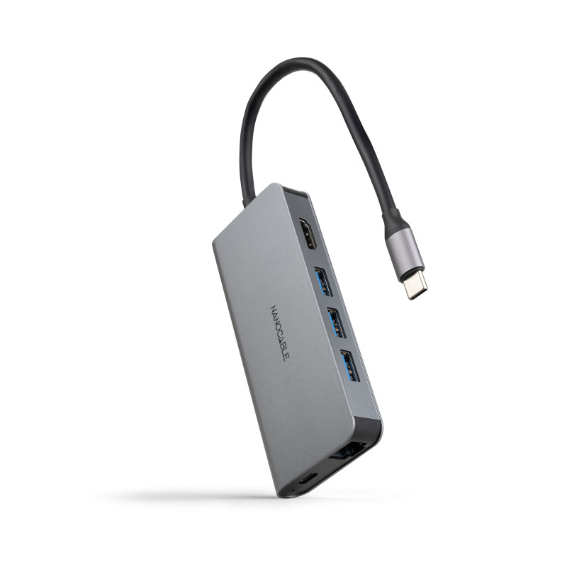Nanocable 10.16.4609 Hub USB-C 8 en 1, Conversor USB-C 3.1 a 3xUSB-A 3.0 + HDMI 4K@60Hz + USB-C PD + RJ45 1Gbps + TF + SD,