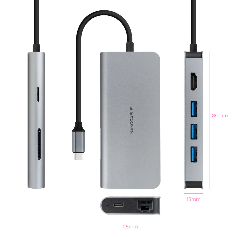 Nanocable 10.16.4609 Hub USB-C 8 en 1, Conversor USB-C 3.1 a 3xUSB-A 3.0 + HDMI 4K@60Hz + USB-C PD + RJ45 1Gbps + TF + SD,