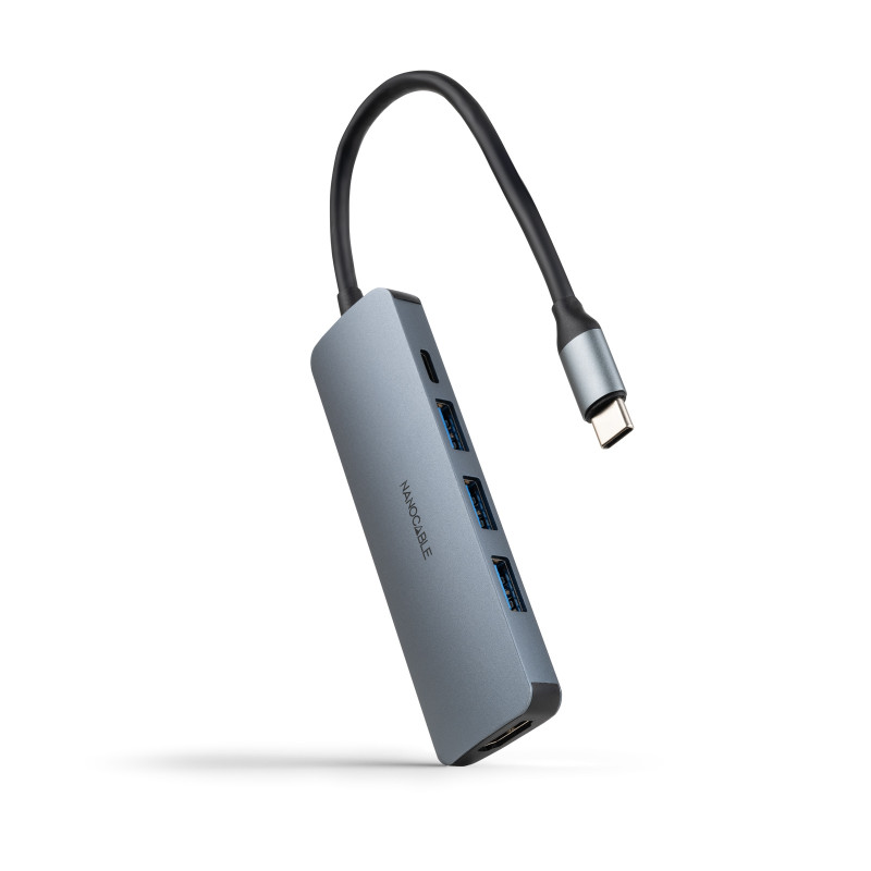 Nanocable 10.16.4605 Hub USB-C 5 en 1, Conversor USB-C 3.1 a 3xUSB-A 3.0 + USB-C PD + HDMI, Aluminio, Gris, 18 cm, Alámbrico,