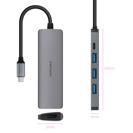 Nanocable 10.16.4605 Hub USB-C 5 en 1, Conversor USB-C 3.1 a 3xUSB-A 3.0 + USB-C PD + HDMI, Aluminio, Gris, 18 cm, Alámbrico,