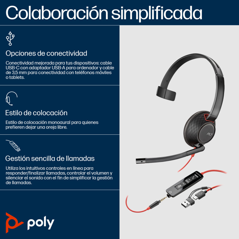 HP Poly 8X230A6 Auriculares Poly Blackwire 5210 monaural USB-C + conector de 3,5 mm + adaptador USB-C/A (paquete), Alámbrico,