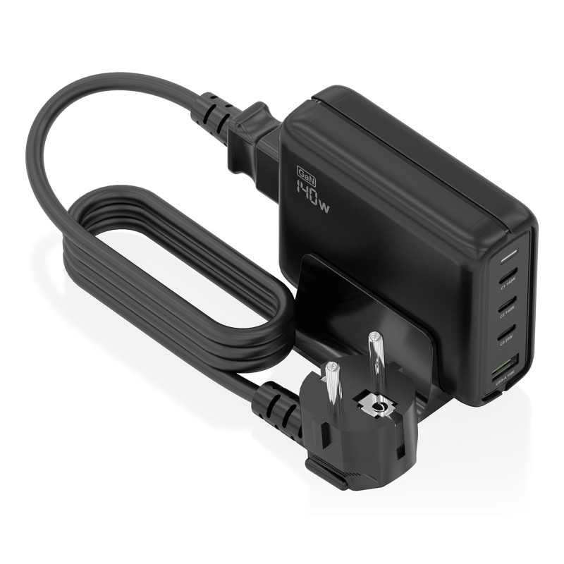 AISENS ASCH-140W4P056-BK Cargador Sobremesa GaN 140W, 3x USB-C PD3.1 QC4.0 QC5.0, 1x USB-A QC3.0, Negro, Interior, Corriente