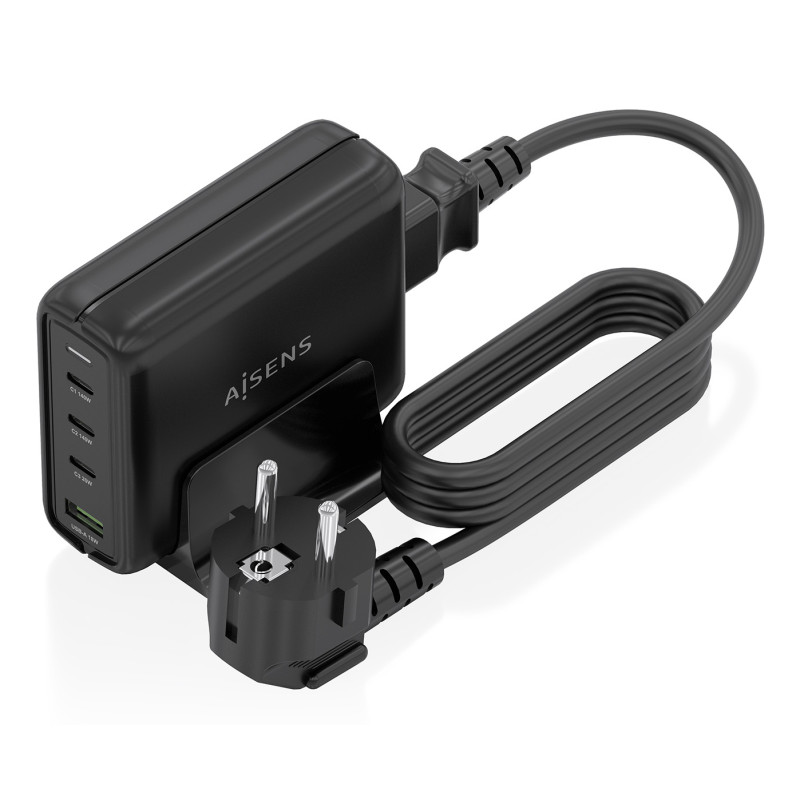 AISENS ASCH-140W4P056-BK Cargador Sobremesa GaN 140W, 3x USB-C PD3.1 QC4.0 QC5.0, 1x USB-A QC3.0, Negro, Interior, Corriente