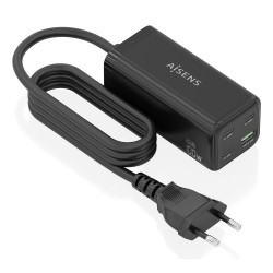 AISENS ASCH-100W4P054-BK Cargador Sobremesa GaN 100W, 3x USB-C PD3.0 QC4.0 QC5.0, 1x USB-A QC3.0, Negro, Interior, Corriente