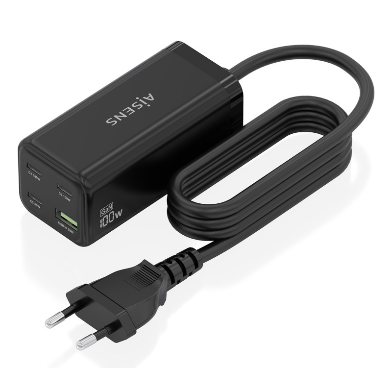 AISENS ASCH-100W4P054-BK Cargador Sobremesa GaN 100W, 3x USB-C PD3.0 QC4.0 QC5.0, 1x USB-A QC3.0, Negro, Interior, Corriente