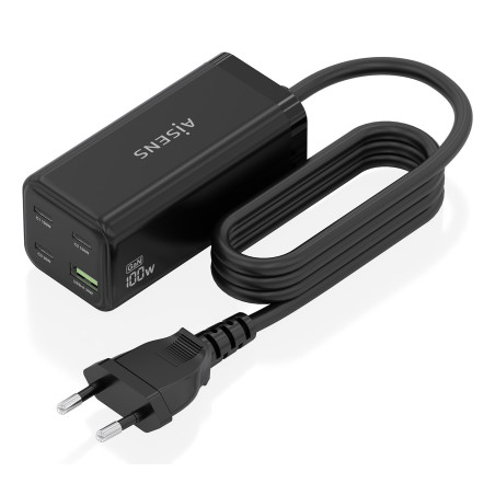 AISENS ASCH-100W4P054-BK Cargador Sobremesa GaN 100W, 3x USB-C PD3.0 QC4.0 QC5.0, 1x USB-A QC3.0, Negro, Interior, Corriente