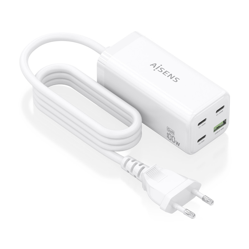 AISENS ASCH-100W4P053-W Cargador Sobremesa GaN 100W, 3x USB-C PD3.0 QC4.0 QC5.0, 1x USB-A QC3.0, Blanco, Interior, Corriente