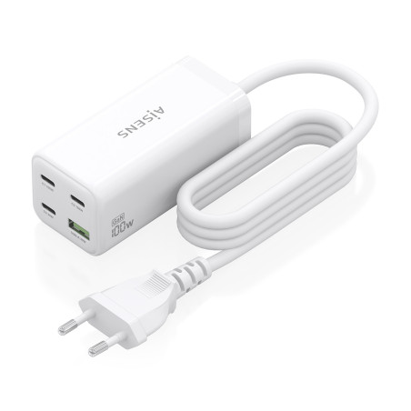 AISENS ASCH-100W4P053-W Cargador Sobremesa GaN 100W, 3x USB-C PD3.0 QC4.0 QC5.0, 1x USB-A QC3.0, Blanco, Interior, Corriente