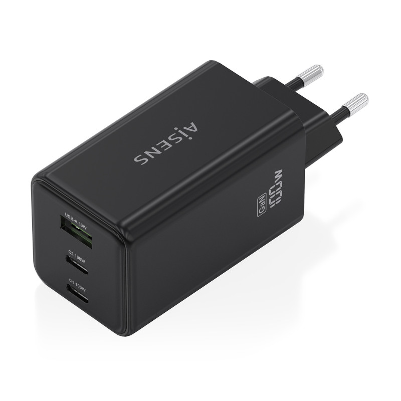 AISENS ASCH-100W3P052-BK Cargador GaN 100W, 2x USB-C PD3.0 QC4.0 QC5.0, 1x USB-A QC3.0, Negro, Interior, Corriente alterna, 20