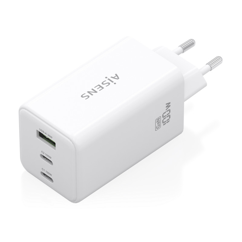 AISENS ASCH-100W3P051-W Cargador GaN 100W, 2x USB-C PD3.0 QC4.0 QC5.0, 1x USB-A QC3.0, Blanco, Interior, Corriente alterna, 20