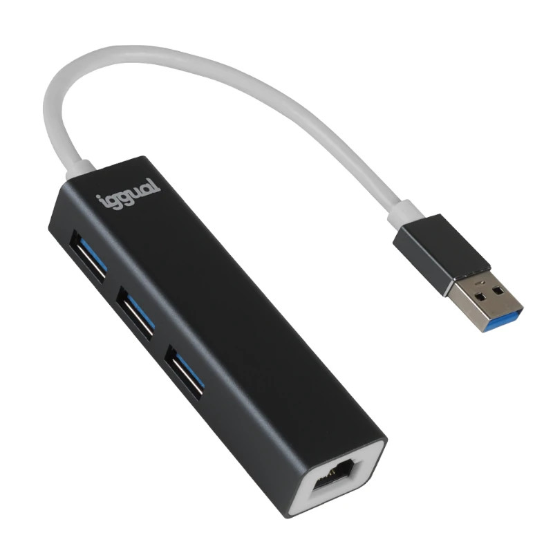 iggual IGG319260 Hub USB-A 3 puertos USB 3.0 + RJ45 Gigabit, Alámbrico, USB 3.2 Gen 1 (3.1 Gen 1) Type-A, 10,100,1000 Mbit/s,