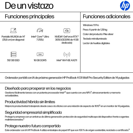HP AD2U6ET ProBook 4 G1i AI Wolf Pro Security Edition, Intel Core Ultra 7, 35,6 cm (14"), 1920 x 1200 Pixeles, 16 GB, 512 GB,