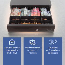 iggual IGG319307 Cajón portamonedas IRON-20 42cm 4+8 negro, Cajón de efectivo automático y manual, Plástico, Acero, Negro, 2