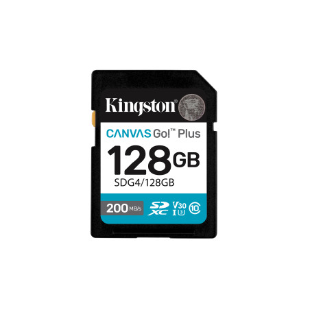 Kingston Technology SDG4/128GB Canvas Go! Plus 128GB SDXC Canvas Go Plus Gen4 200MB/s C10 UHS-I U3 V30, 128 GB, SDXC, Clase 10,