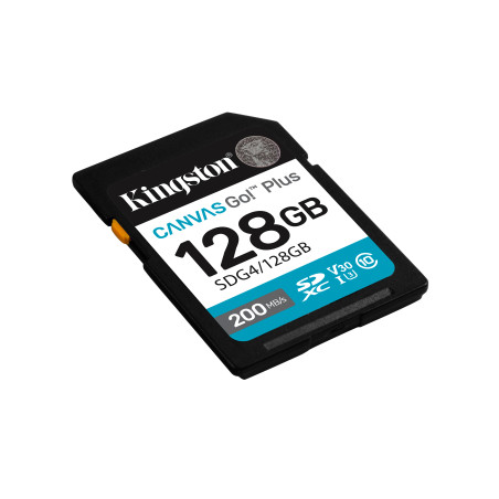 Kingston Technology SDG4/128GB Canvas Go! Plus 128GB SDXC Canvas Go Plus Gen4 200MB/s C10 UHS-I U3 V30, 128 GB, SDXC, Clase 10,