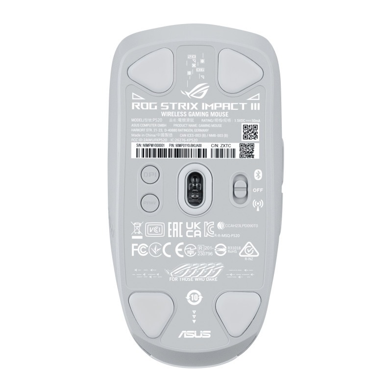 ASUS 90MP03D0-BMUA10 ROG Strix Impact III Wireless, Ambidextro, Óptico, RF Wireless + Bluetooth, 36000 DPI, Blanco