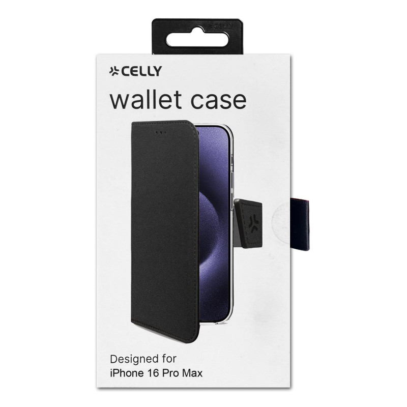 Celly WALLY1081 WALLY1081, Funda cartera, Apple, iPhone 16 Pro Max, 17,5 cm (6.9"), Negro