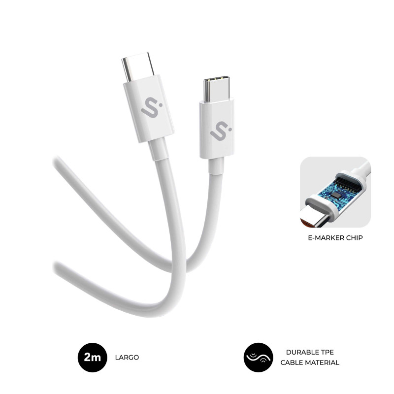 SUBBLIM SUBCAB-C10011 CABLE PLUS 100W C-C 2m WHITE, 2 m, USB C, USB C, USB 2.0, 0,48 Gbit/s, Blanco