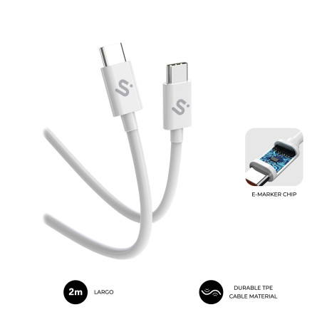SUBBLIM SUBCAB-C10011 CABLE PLUS 100W C-C 2m WHITE, 2 m, USB C, USB C, USB 2.0, 0,48 Gbit/s, Blanco