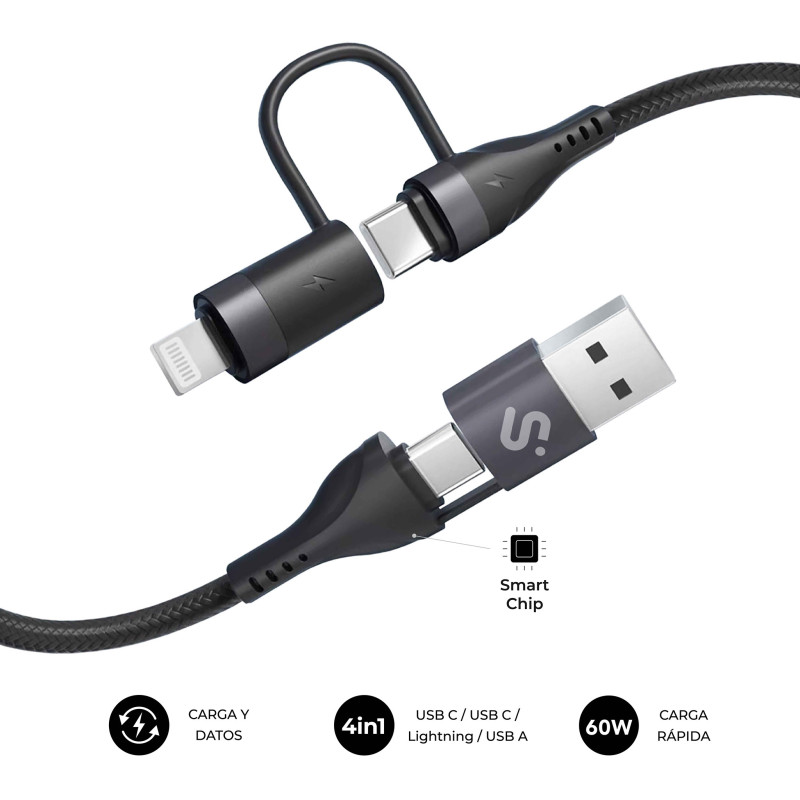 SUBBLIM SUBCAB-4IN101 CABLE TOP 4IN1 60W C-C-L-A 1m, 1 m, USB C, USB C, USB 2.0, 0,48 Gbit/s, Negro