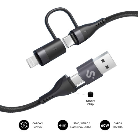 SUBBLIM SUBCAB-4IN101 CABLE TOP 4IN1 60W C-C-L-A 1m, 1 m, USB C, USB C, USB 2.0, 0,48 Gbit/s, Negro