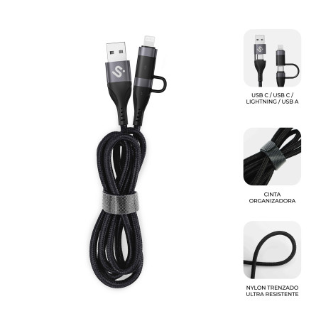 SUBBLIM SUBCAB-4IN101 CABLE TOP 4IN1 60W C-C-L-A 1m, 1 m, USB C, USB C, USB 2.0, 0,48 Gbit/s, Negro