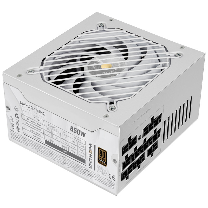 Mars Gaming MPB850SIMW MPB850SIMW, 850 W, 200 - 240 V, 47 - 63 Hz, 8 A, Activo, 120 W