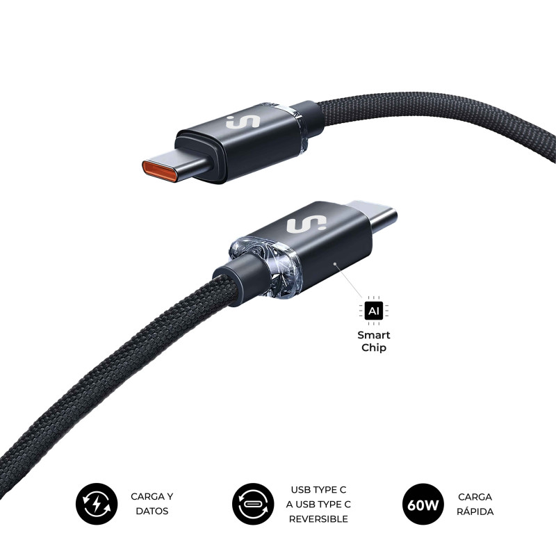 SUBBLIM SUBCAB-C06001 CABLE OPTIMUS 60W C-C 1m BLACK, 1 m, USB C, USB C, USB 2.0, 0,48 Gbit/s, Negro