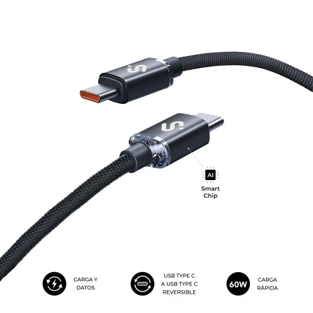 SUBBLIM SUBCAB-C06001 CABLE OPTIMUS 60W C-C 1m BLACK, 1 m, USB C, USB C, USB 2.0, 0,48 Gbit/s, Negro