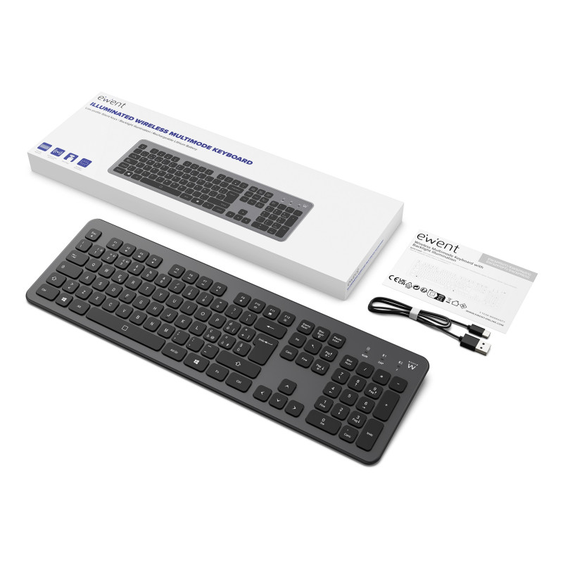 Ewent EW3296 EW3296, Completo (100%), Inalámbrico, RF inalámbrica + USB, Interruptor de membrana, QWERTY, Negro, Gris