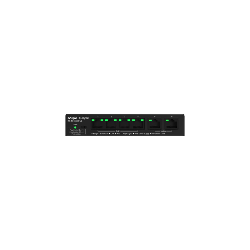 Ruijie Networks RG-ES106D-P V2 RG-ES106D-P V2, No administrado, Fast Ethernet (10/100), Energía sobre Ethernet (PoE)
